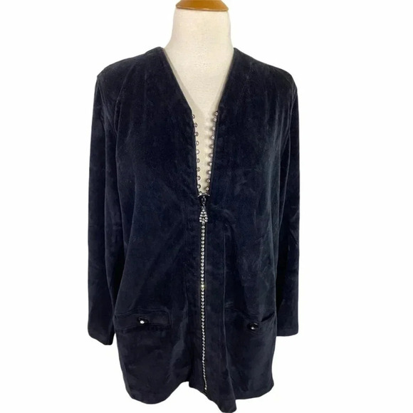 Saks Fifth Ave L Black velvet rhinestone zipper jacket Regency Old Money Praise - Picture 1 of 9